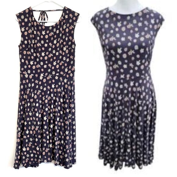 ANN TAYLOR LOFT Gray Purple ish Cream Floral Sleeveless Tie Bow Fit Flare Dress - Picture 1 of 13